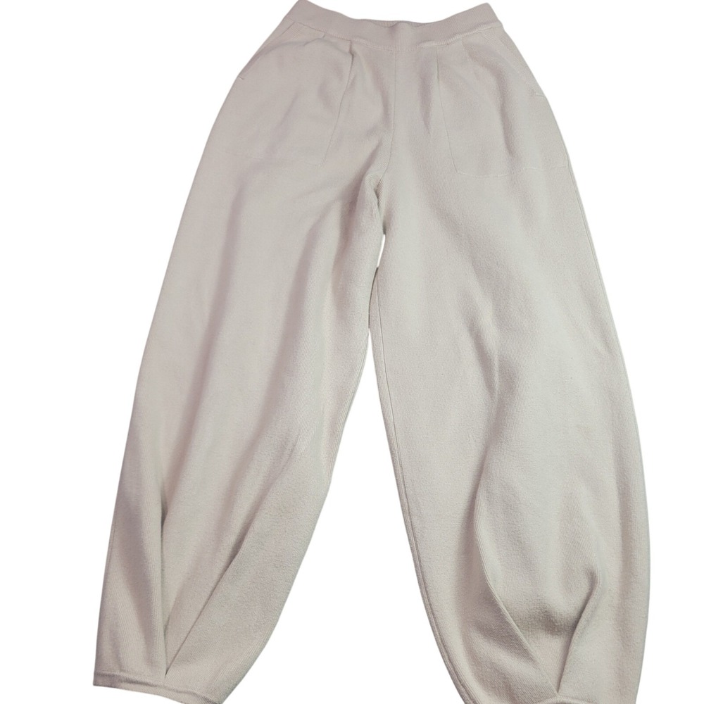 Womens Oatmeal Beige Knit Balloon Pants High Waist Wide Leg Pleated Cuff Large